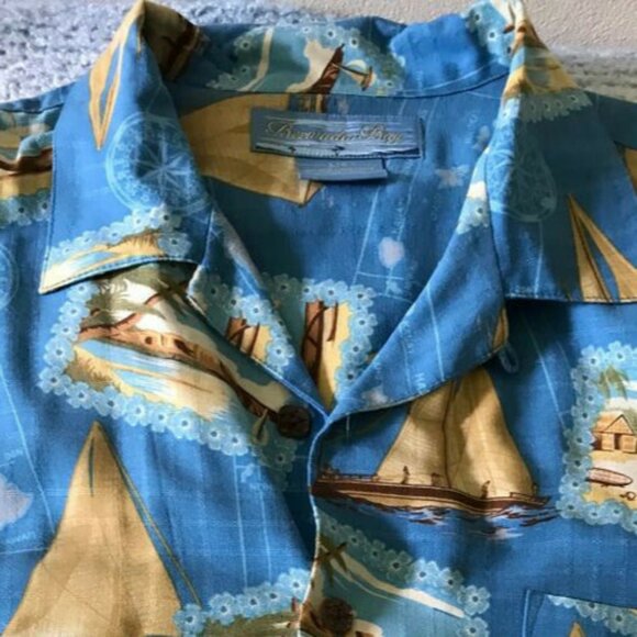 100% Silk Bermuda Bay Blue Sailboat Beach Tropical Men's Button-Up Shirt L - Picture 4 of 4